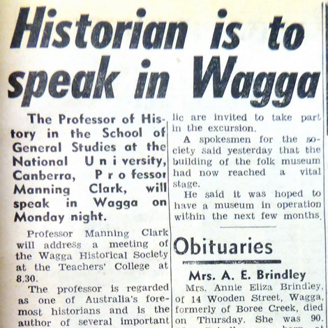 50 Years Ago – Manning Clark speaks in Wagga